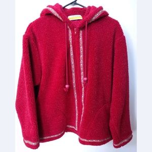 L Red Soft Vintage Fleece Zip Up Jacket w/ Hood